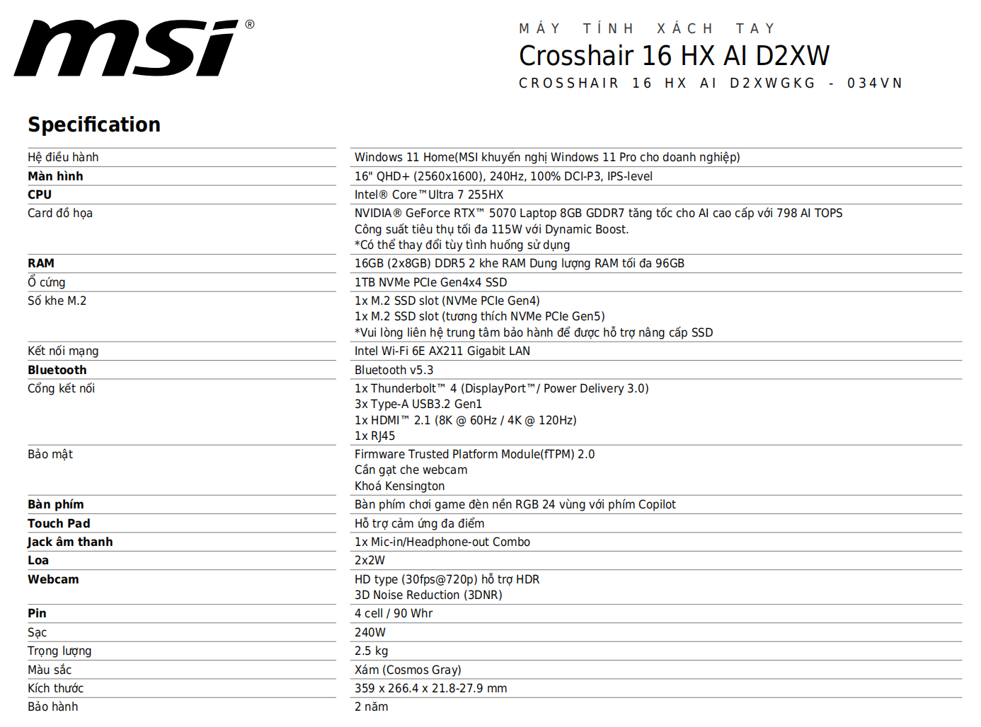 MSI Crosshair 16 HX AI D2XWGKG