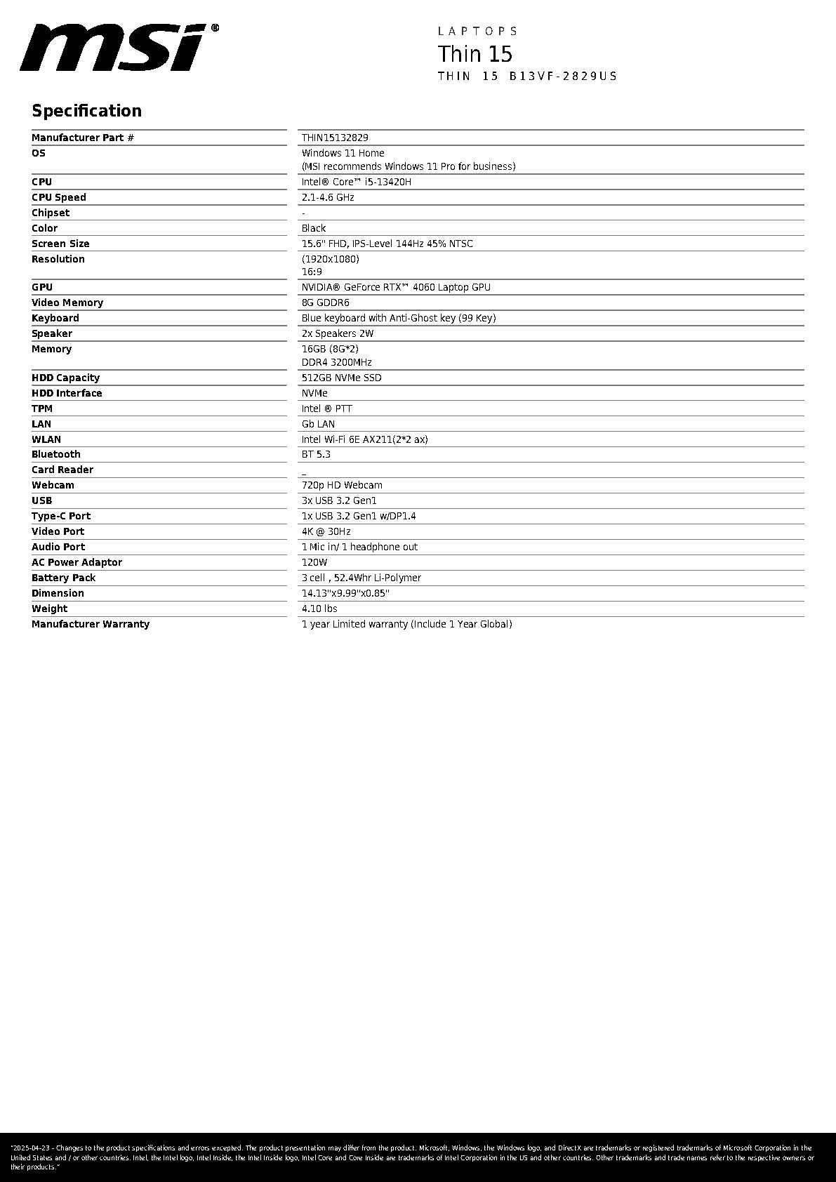 Thin 15 B13VF-2829US