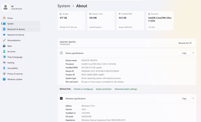 kiểm tra phiên bản windows qua settings