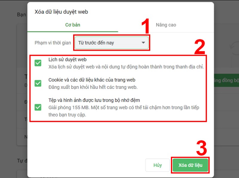 Xóa cache, cookie và khởi động lại cốc cốc
